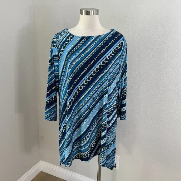 Jm Collection Womens Plus 2X Chain Print Blue Stretch Tunic Top 3/4 Sleeve Shirt - Picture 1 of 8